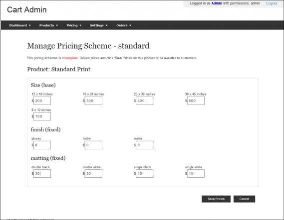 ttg cart manage pricing screen